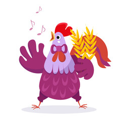 Cute colored cartoon cockerel sings song. Vector color illustration. Picture for design of posters, games, puzzles.