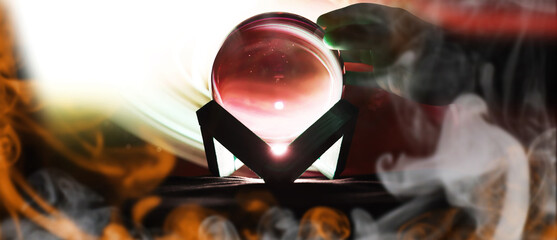 Magic ball predictions. mysterious . Fortune teller, mind power, prediction concept. Powerful magic sphere, mind power concept.