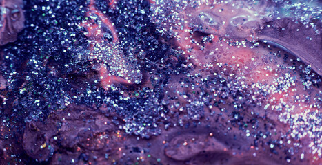 Glitter ink background. Paint mix. Shimmering liquid leak. Blur blue purple pink shiny wet fluid...