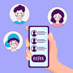 Referral program concept. Hand holding phone. Business partnership strategy with group of people. Network marketing, referring friends, affiliate marketing concept. Landing page template.