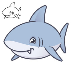 Cute Happy Baby Shark with Black and White Line Art Drawing
