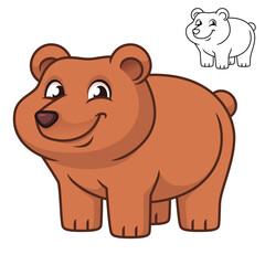 Cute Happy Baby Grizzly Bear with Black and White Line Art Drawing