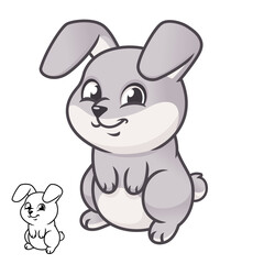 Cute Happy Baby Bunny Standing with Black and White Line Art Drawing