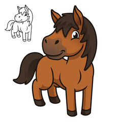 Cute Happy Baby Horse with Black and White Line Art Drawing