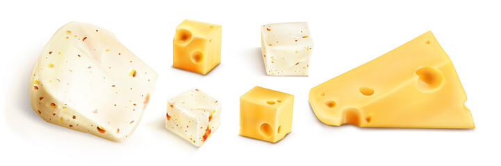 Fresh cheese blocks and triangle pieces isolated on white background. Vector realistic set of white soft cheese chunks with spices, red pieces of tomato and peppers