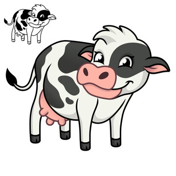 Cute Happy Dairy Cow with Black and White Line Art Drawing