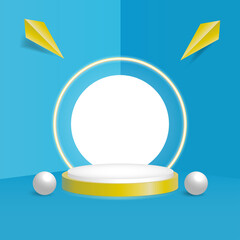 White display podium for packaging presentation on blue wall