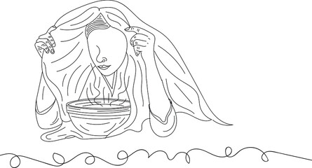 Outline sketch drawing of woman taking vapour from warm water pot for influenza treatment, line art illustration of girl taking vapour