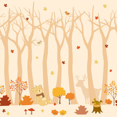 Obraz na płótnie Canvas Cute animals wildlife on autumn forest seamless pattern design for wallpaper,fashion,fabric,textile,kid product and all print