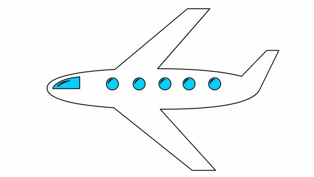 Animated black line plane flies through the sky. Concept of travel. Looped video. Flat vector illustration isolated on white background.