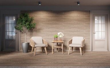 Mock up of farmhouse balcony outside the house with a set of lounge chairs with wooden furniture.3d rendering