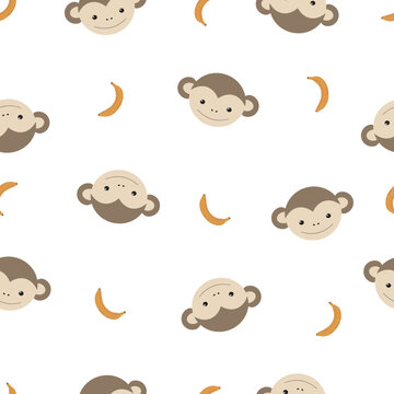 Cartoon portrait monkey and banana seamless pattern. Cute baby print funny animal. Kids design fabric, packaging, wallpaper in Scandinavian style. The face happy monkey with  banana white background