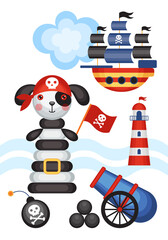 Marine poster. Nautical pirate theme. Children's holiday, kids' party, stickers, games, baby shower, scrapbooking.  