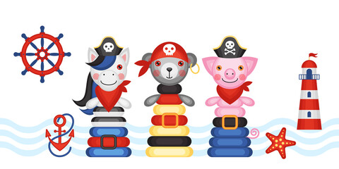 Marine poster. Nautical pirate theme. Children's holiday, kids' party, stickers, games, baby shower, scrapbooking.  