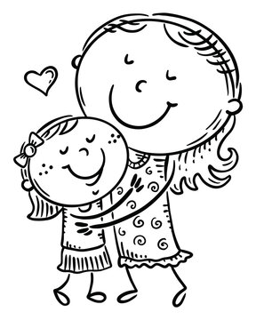 Black and white doodle family clipart - mother embracing child