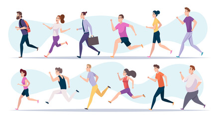 Marathon runners. Helthy sport fitness people outdoor jogging lifestyle activity exact vector illustrations set