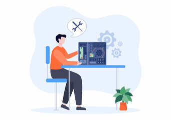 Computer Repair or Service Flat Cartoon Illustration with Tools Repairman Electronics for for Data Recovery Center and Crash on PC