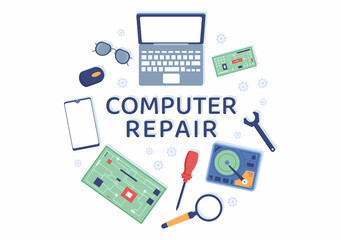 Computer Repair or Service Flat Cartoon Illustration with Tools Repairman Electronics for for Data Recovery Center and Crash on PC