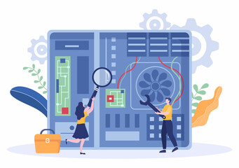 Computer Repair or Service Flat Cartoon Illustration with Tools Repairman Electronics for for Data Recovery Center and Crash on PC
