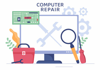 Computer Repair or Service Flat Cartoon Illustration with Tools Repairman Electronics for for Data Recovery Center and Crash on PC