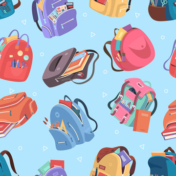 School bags pattern. Education accessories and textile containers for students exact vector seamless background