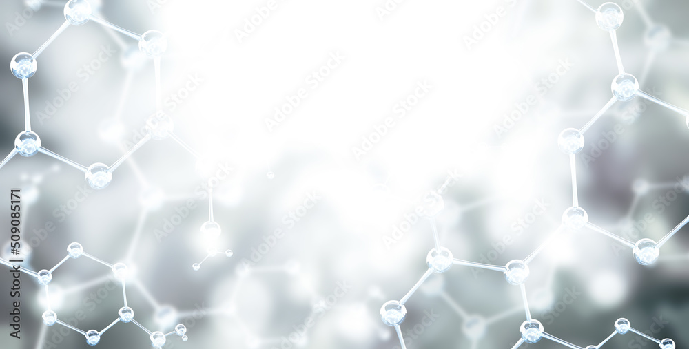 Wall mural horizontal banner with model of abstract molecular structure. background of light gray color with gl