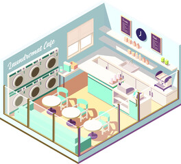 isometric laundromat cafe vector illustration