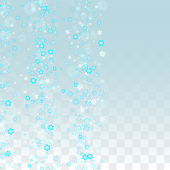 Christmas Vector Background with Falling Snowflakes  Isolated on Transparent Background. Realistic Snow Sparkle Pattern. Snowfall Overlay Print. Winter Sky. Realistic Snow. Happy Christmas, New Year.