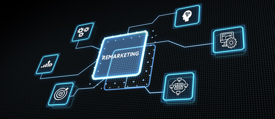 The concept of business, technology, the Internet and the network. virtual screen of the future and sees the inscription: Remarketing 3d illustration