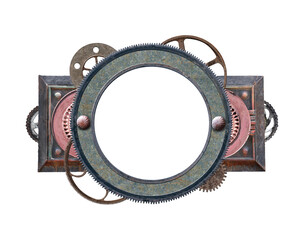 Metallic round frame with vintage machine gears and retro cogwheel