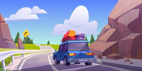 Fototapeta na wymiar Road trip by car at summer holidays, vacation journey, leisure, travel on automobile with bags on roof. Automobile going along highway in mountains at sunny day rear view, Cartoon vector illustration