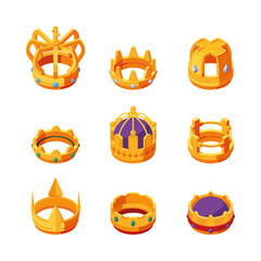 Golden crown. Isometric kings royal clothes for head crown with luxury colored gemstones antique jewelry collection garish vector pictures set