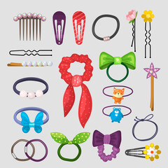 Hair accessories. Stylish girlish equipment plastic pins clips grooming tools rubber bands recent vector colored set - obrazy, fototapety, plakaty