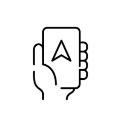 Hand holding a smartphone with a navigation app on it. Pixel perfect, editable stroke line icon