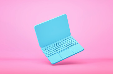 Blue laptop flying on pink background