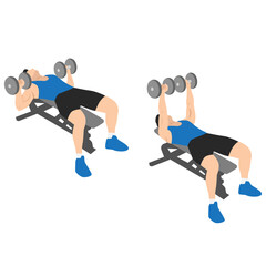 Man doing dumbbell flat bench press. Chest exercise flat vector illustration isolated on white background
