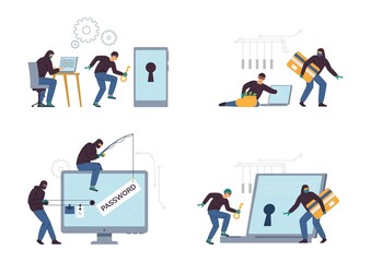 Obraz na płótnie Canvas Hacker attack and identity theft scenes set, flat vector illustration isolated.