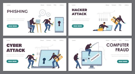 Computer fraud masked hacker, flat vector banner. Cyber security illustration, criminal thief steal online data.
