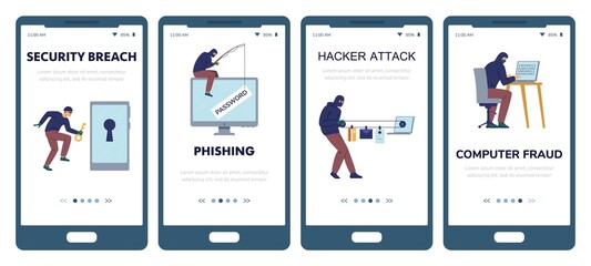 Naklejka na ściany i meble Hacker attack flat vector banner for smartphone app. Computer fraud illustration set. Masked criminal phishing.