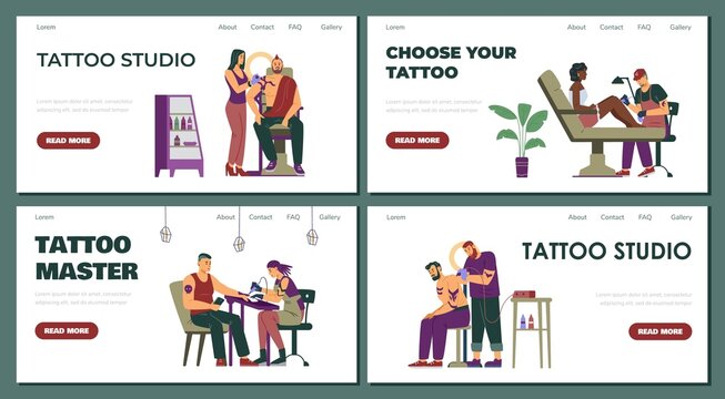 Tattoo studio advertising landing pages set, flat vector illustration.