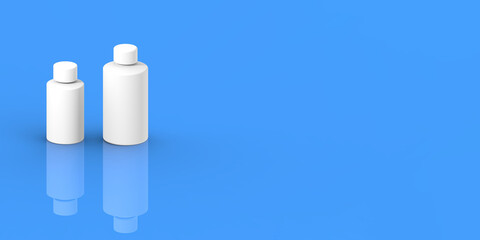 Two white cosmetic bottles, isolated on a blue background. Cosmetic packaging. Banner for insertion into site. Place for text cope space. Horizontal image. 3D image. 3D rendering.