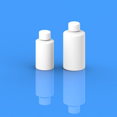Two white cosmetic bottles, isolated on a blue background. Cosmetic packaging. Square image. 3D image. 3D rendering.