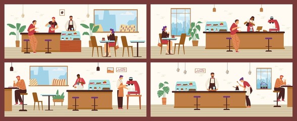 Coffeehouse or cafe interior with people drinking tea and barista preparing drinks, flat vector illustration. - obrazy, fototapety, plakaty