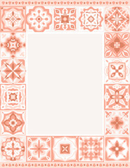Majolica tiles frame. Italian patchwork ornaments, Moroccan motifs border, Portuguese azulejos, Mexican talavera in pink colors. Template for wedding invitations, picture decor. Vector illustration