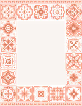 Majolica tiles frame. Italian patchwork ornaments, Moroccan motifs border, Portuguese azulejos, Mexican talavera in pink colors. Template for wedding invitations, picture decor. Vector illustration