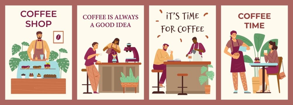 Coffeehouse scenes posters, baristas make coffee for customers in cafe, flat vector illustration.