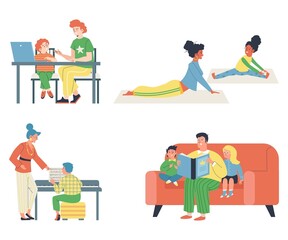Set of scenes about parents and children relationships flat style