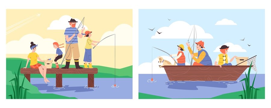 Summer banners set with fishing families flat cartoon vector illustration.