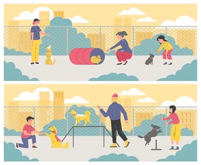 Fototapeta premium Dog training scenes on playground flat style, vector illustration