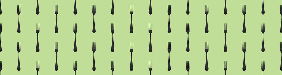 pattern. Fork top view on pea background. Template for applying to surface. Flat lay. Banner for insertion into site. 3D image. 3D rendering.